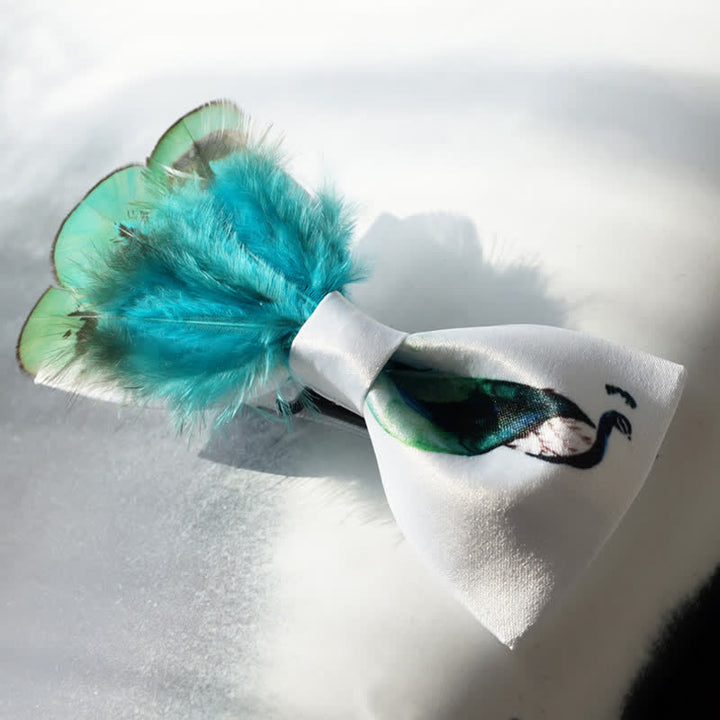 Turquoise & White Peacock Tail Feather Bow Tie