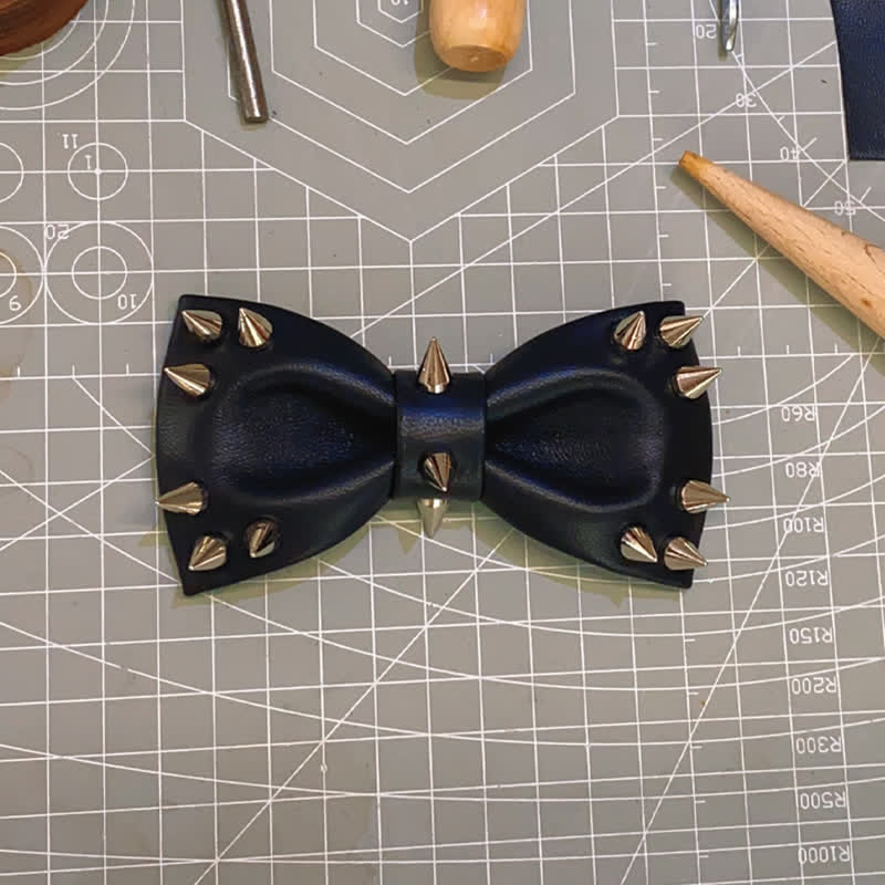 Men's Black Rivet Spiked Leather Bow Tie