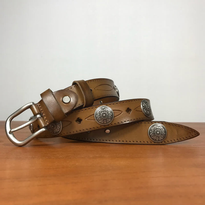 Vintage Round Carving Flower Rivet Leather Belt