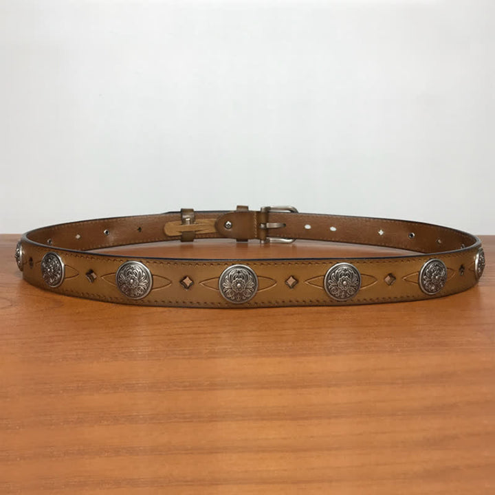 Vintage Round Carving Flower Rivet Leather Belt