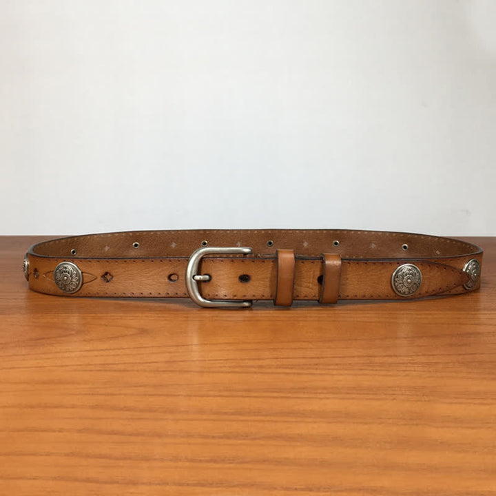 Vintage Round Carving Flower Rivet Leather Belt - image 3