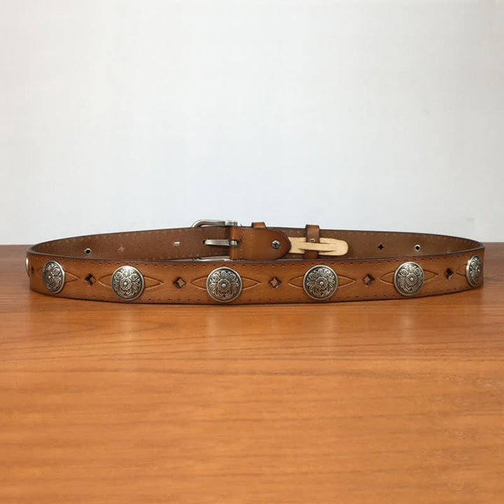 Vintage Round Carving Flower Rivet Leather Belt - image 4