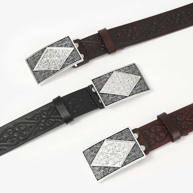 Embossing Western Rectangular Buckle Leather Belt