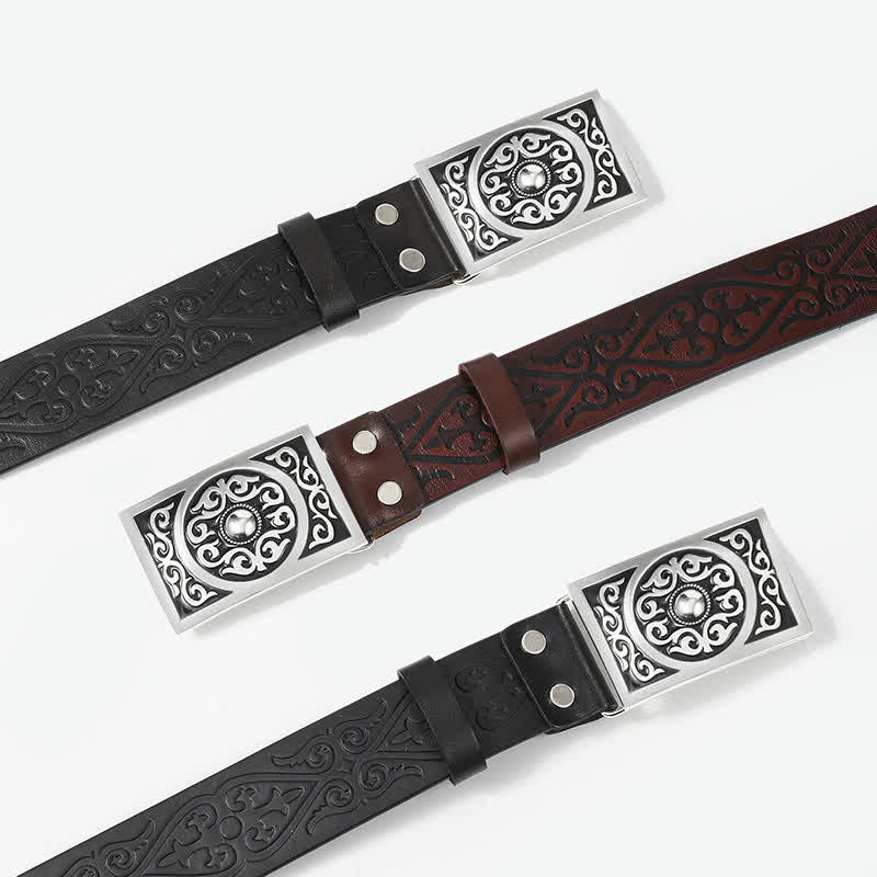 Western Carved Square Buckle Embossed Leather Belt