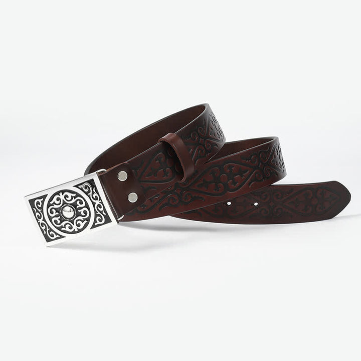 Western Carved Square Buckle Embossed Leather Belt