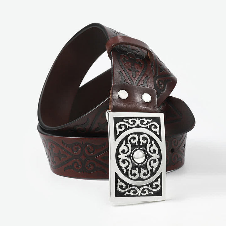 Western Carved Square Buckle Embossed Leather Belt