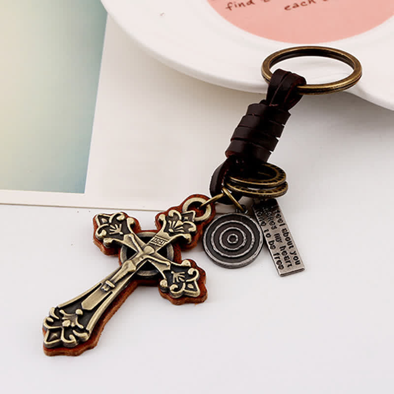 Antique Bronze Cross Pendant Leather Keychain - image 3