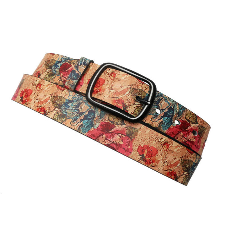 Coral & Red Rose Botanical Printed Leather Belt