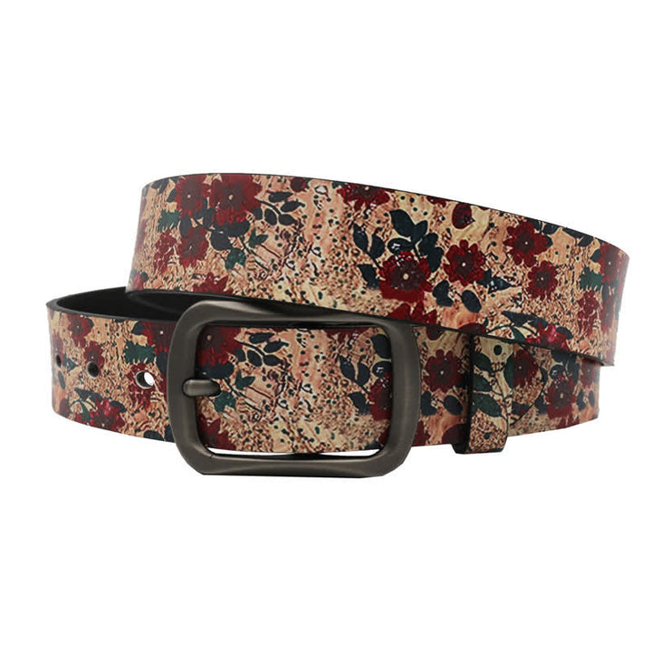 Decorated Red Flower Leaves Printed Leather Belt