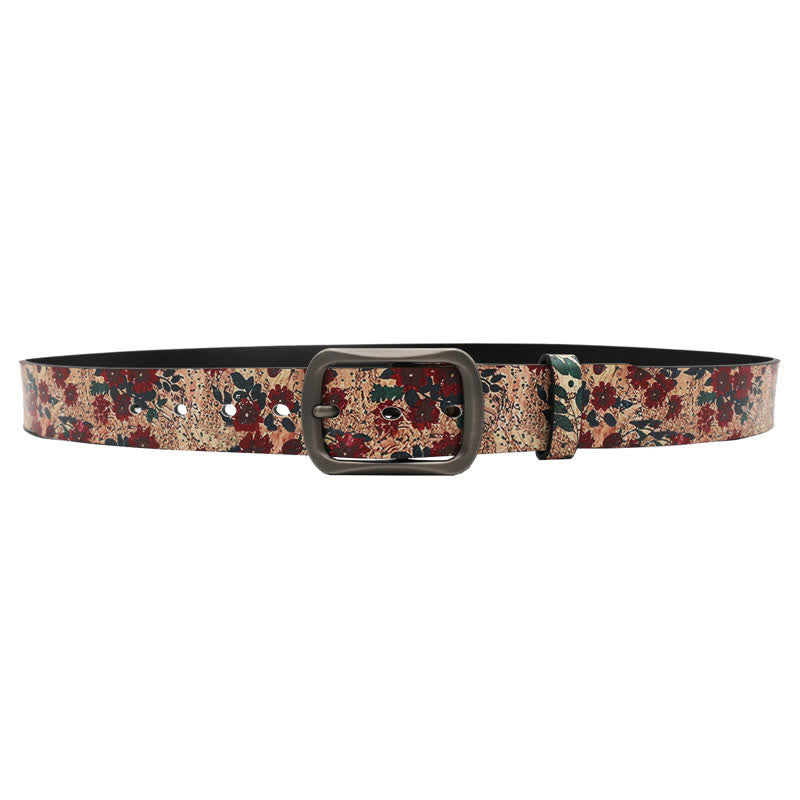 Decorated Red Flower Leaves Printed Leather Belt