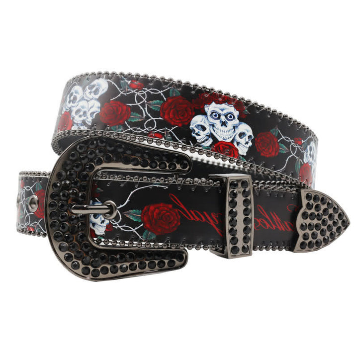 Gothic Rhinestones Skeleton Rose Printed Leather Belt