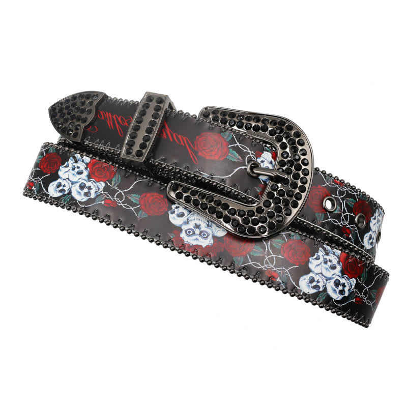 Gothic Rhinestones Skeleton Rose Printed Leather Belt