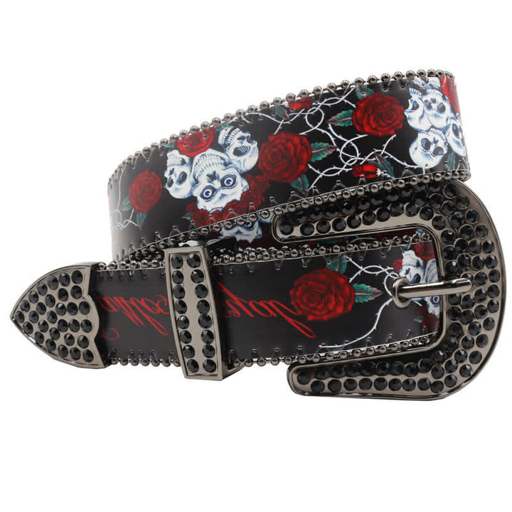 Gothic Rhinestones Skeleton Rose Printed Leather Belt