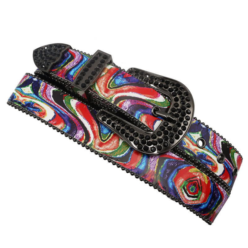 Graffiti Rainbow Printed Rhinestones Buckle Leather Belt