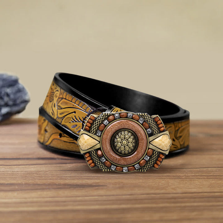 Men's DIY Indian Wood Bead Buckle Leather Belt