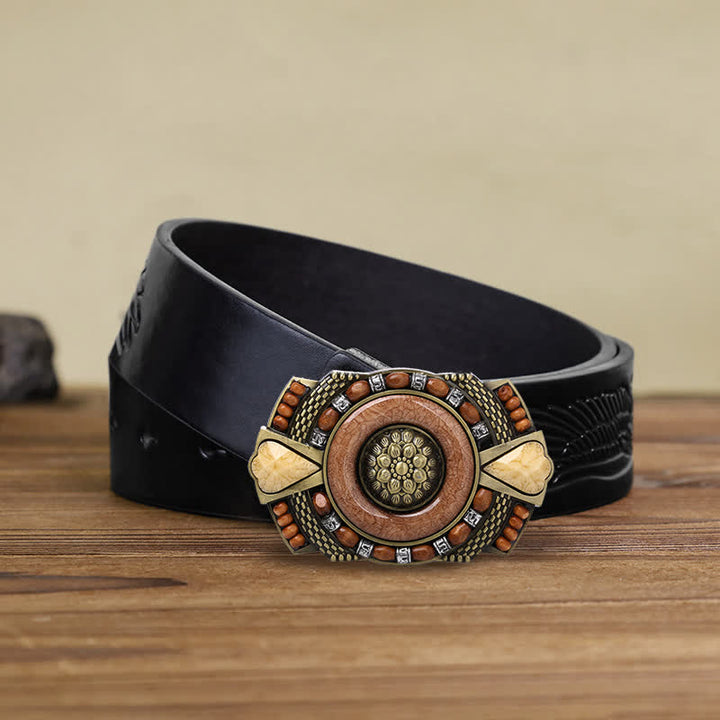 Men's DIY Indian Wood Bead Buckle Leather Belt