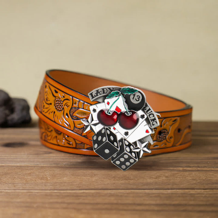 Men's DIY Cherry Poker Dice Buckle Leather Belt