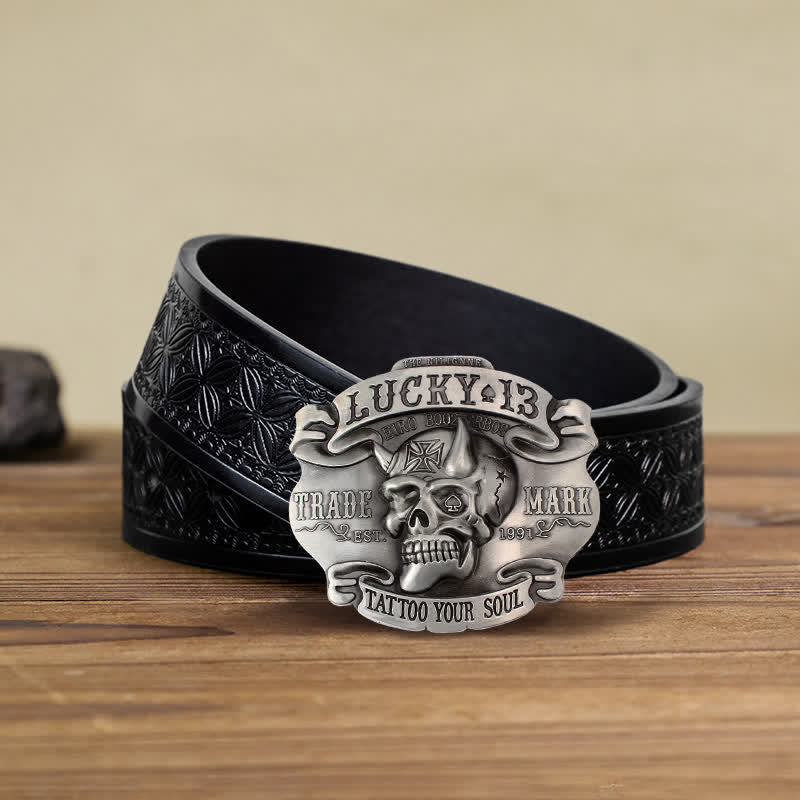 Men's DIY King Of Fools Lucky 13 Buckle Leather Belt