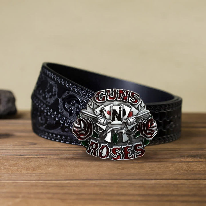 Men's DIY Double Guns Roses Buckle Leather Belt