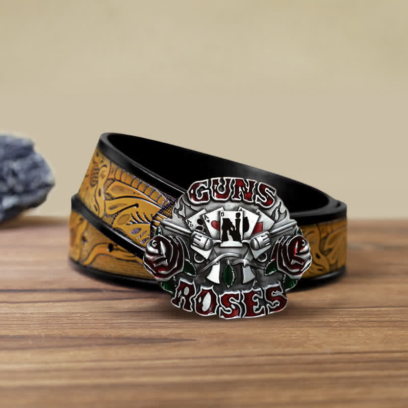 Men's DIY Double Guns Roses Buckle Leather Belt