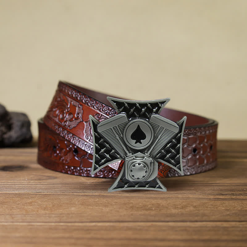 Men's DIY ACE Spades Cross Buckle Leather Belt