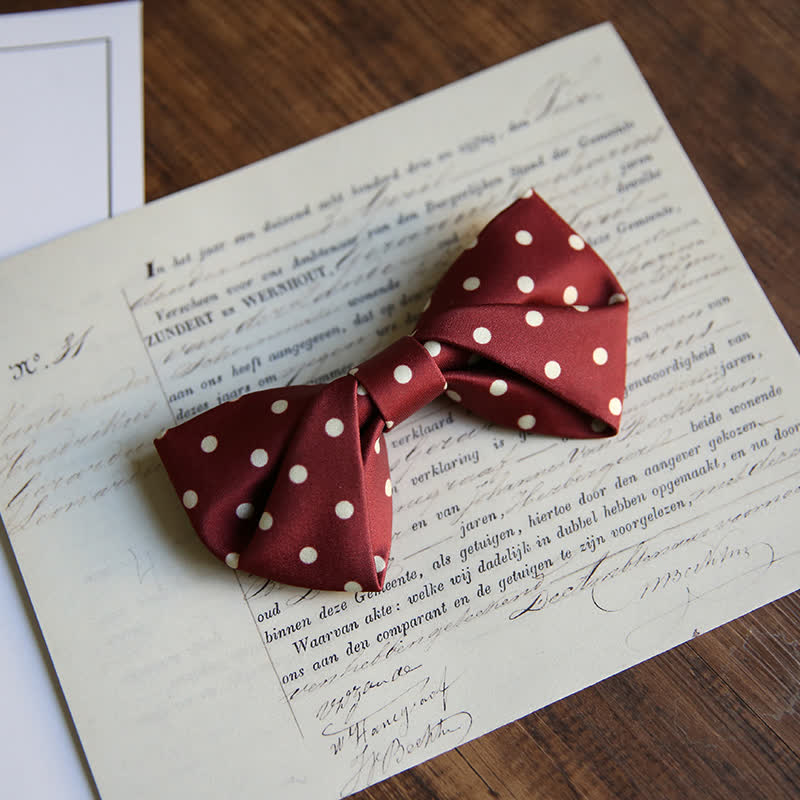 Men's Elegant White Polka Dots Bow Tie - Style #2 - Burgundy - image 3