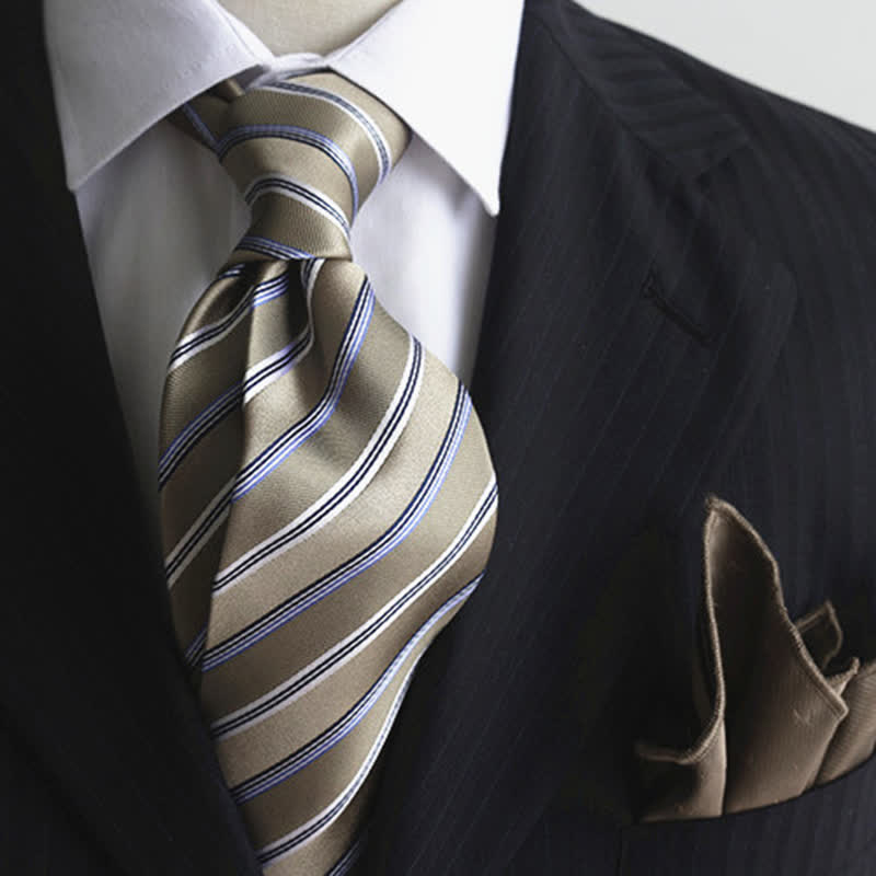 Men's Classic Striped Wide Real Silk Necktie - Khaki & Coffee - image 2