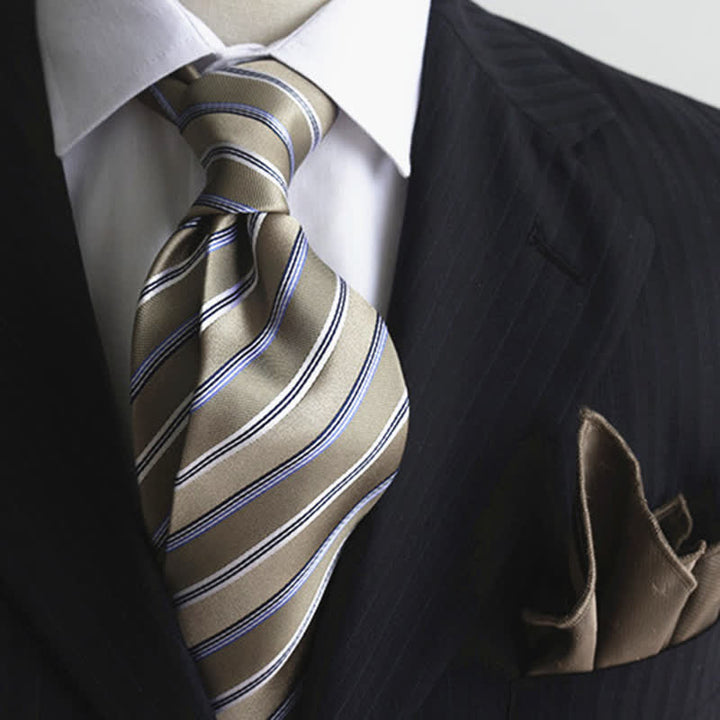 Men's Classic Striped Wide Real Silk Necktie - Khaki & Coffee - image 2