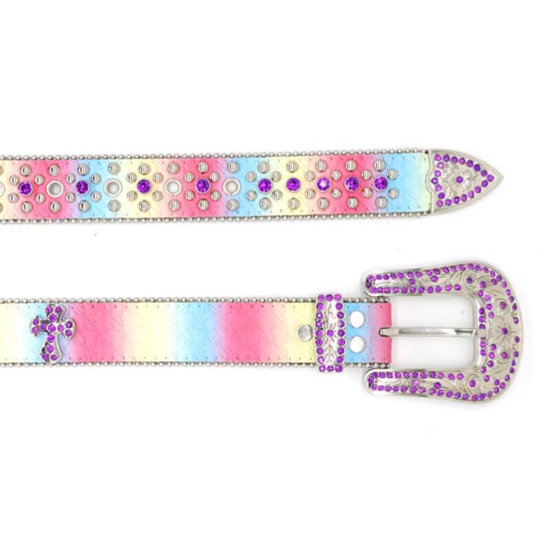 Women's Rainbow Rhinestone Riveted Leather Belt