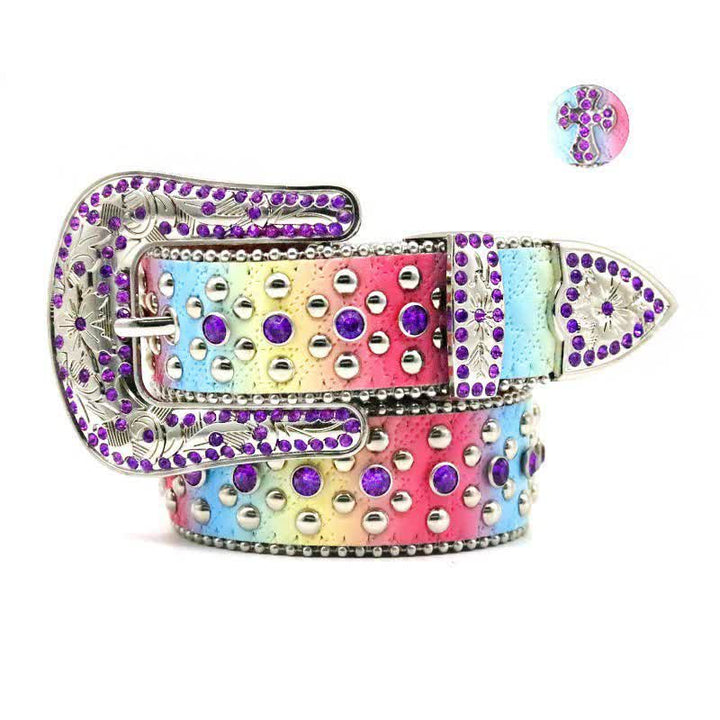 Women's Rainbow Rhinestone Riveted Leather Belt