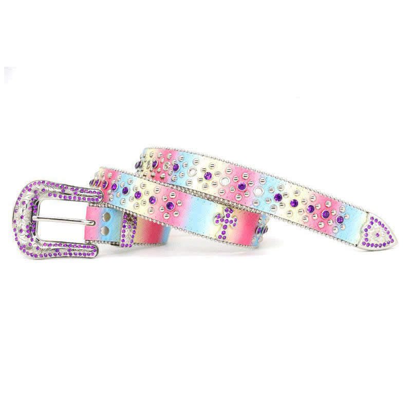 Women's Rainbow Rhinestone Riveted Leather Belt