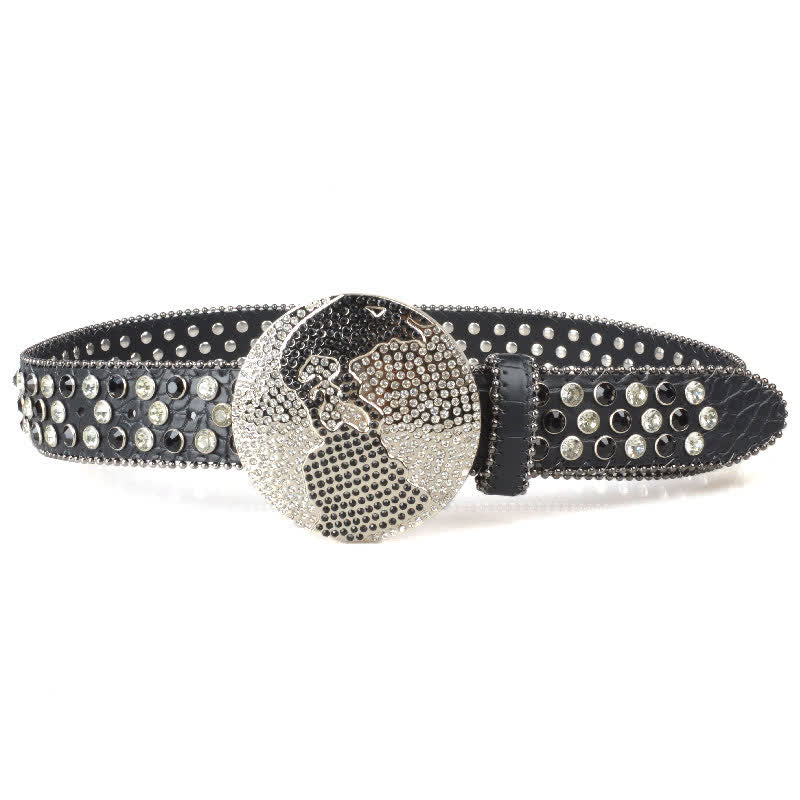 Unisex Large Round Bling Rhinstone Buckle Leather Belt