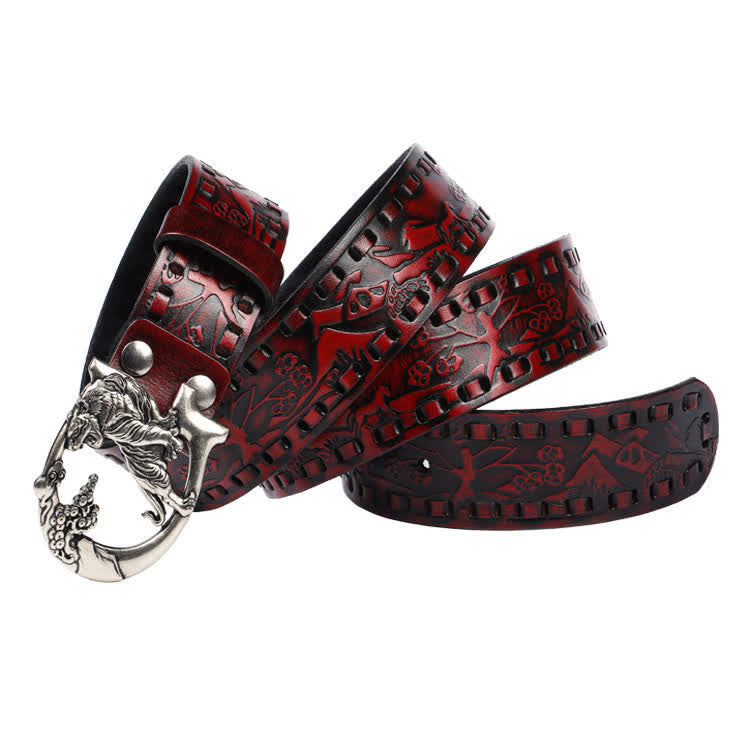 Unisex Retro Tigers Engraved Buckle Leather Belt