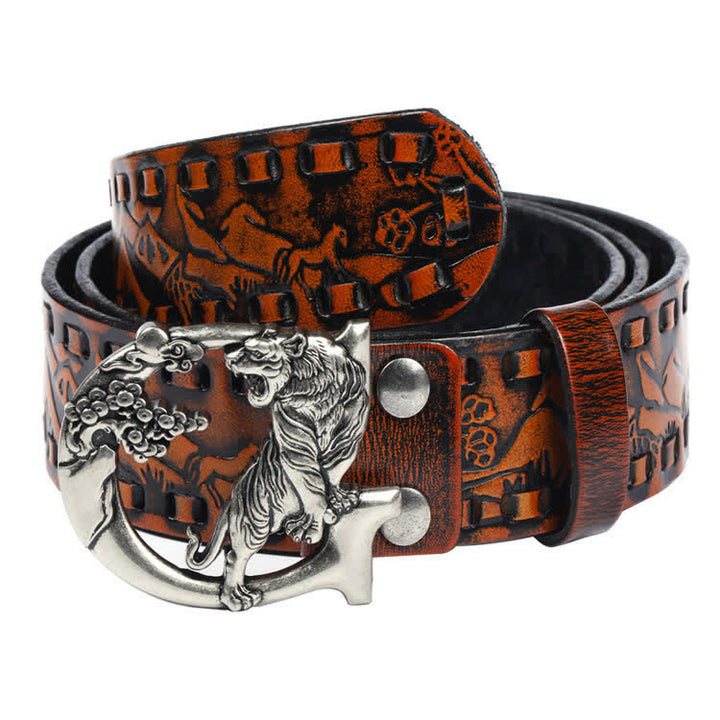 Unisex Retro Tigers Engraved Buckle Leather Belt