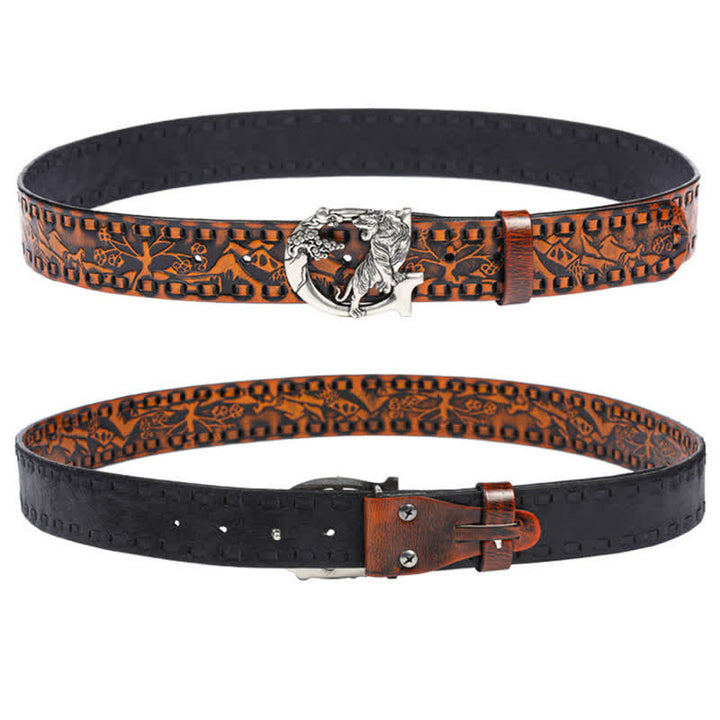 Unisex Retro Tigers Engraved Buckle Leather Belt