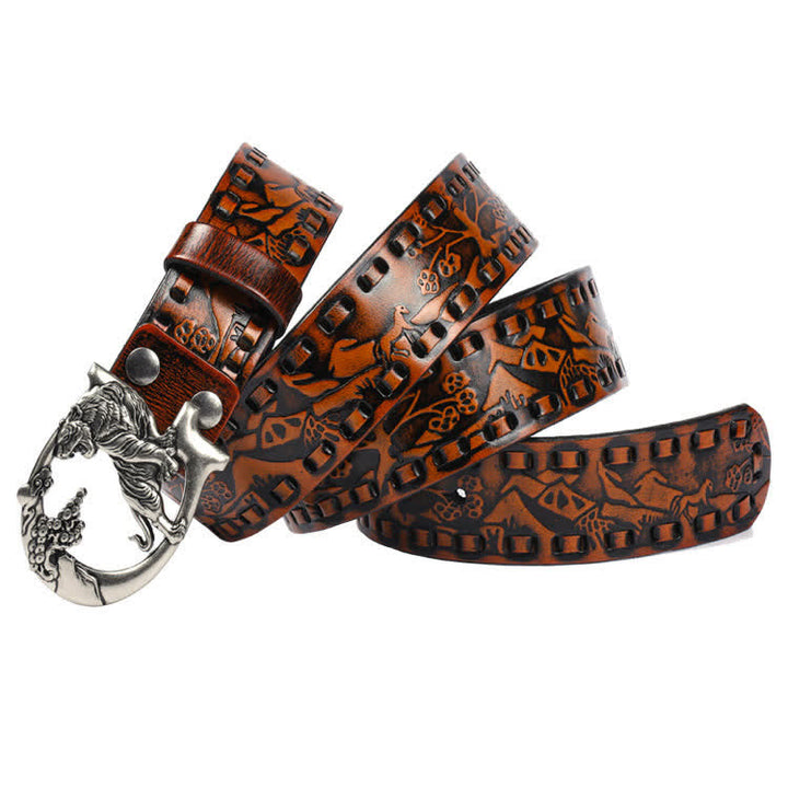 Unisex Retro Tigers Engraved Buckle Leather Belt