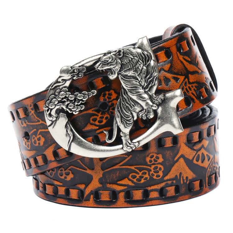 Unisex Retro Tigers Engraved Buckle Leather Belt