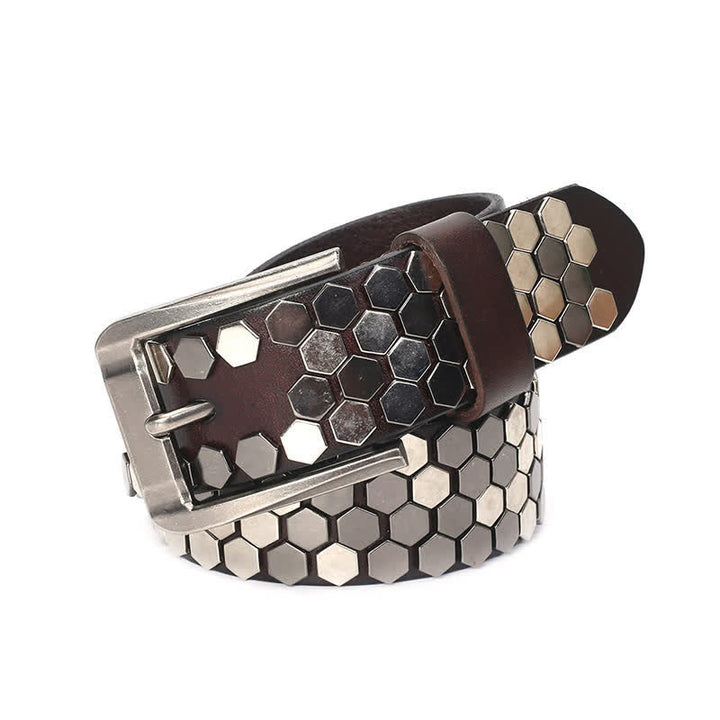 Unisex Hexagonal Rivet Studded Leather Belt