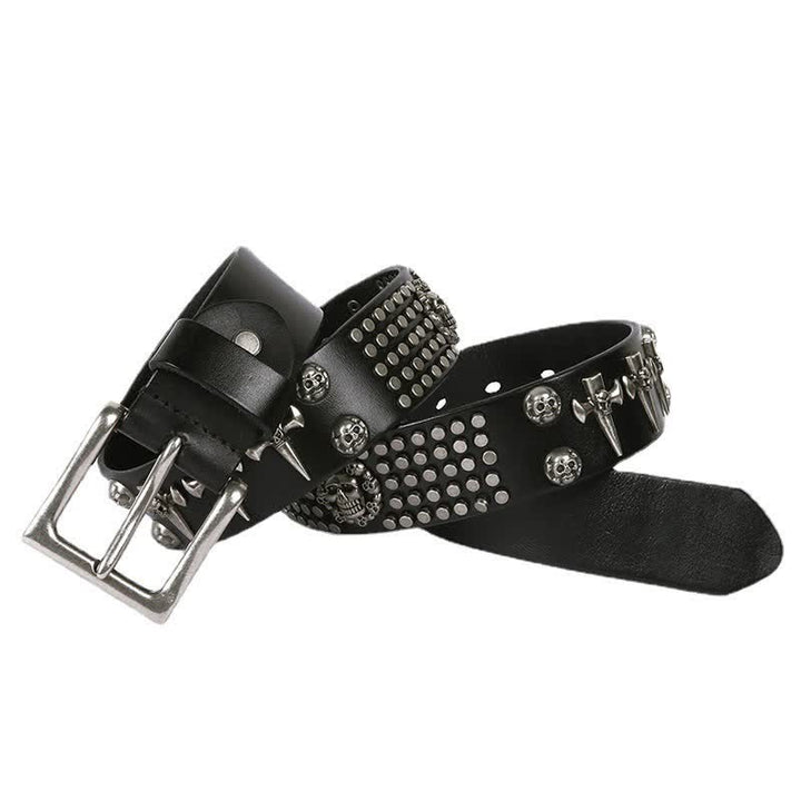 Unisex Skull Head Rivets Cross Studded Leather Belt