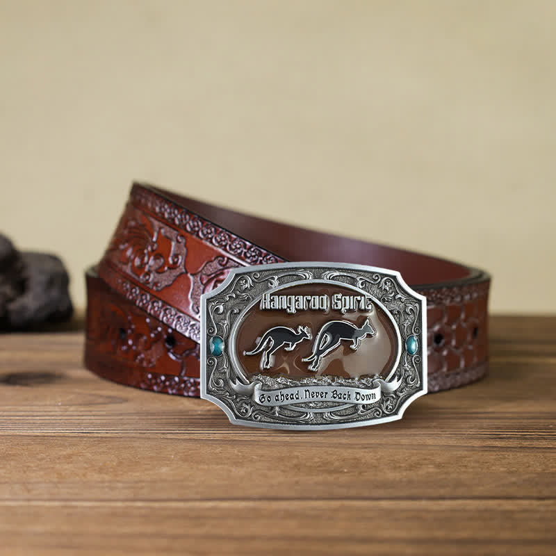 Men's DIY Kangaroo Western Wildlife Buckle Leather Belt