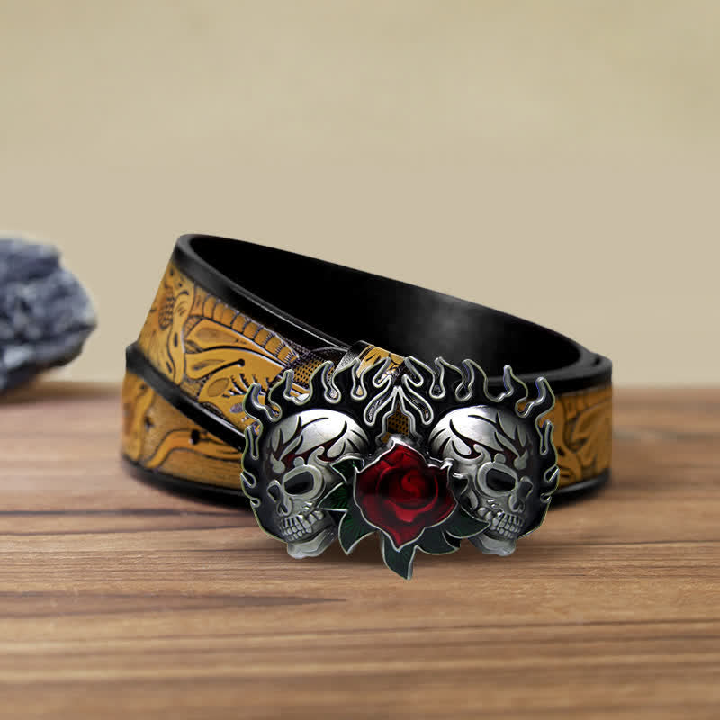 Men's DIY Double Skulls and Roses Buckle Leather Belt