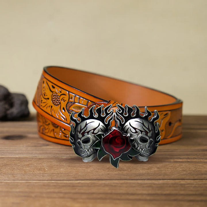 Men's DIY Double Skulls and Roses Buckle Leather Belt