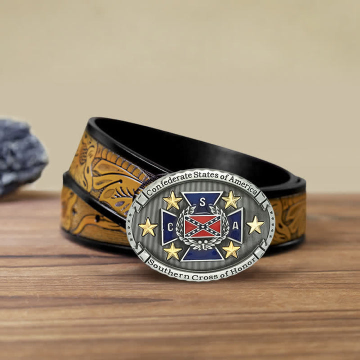 Men's DIY Southern Cross Of Honor Buckle Leather Belt