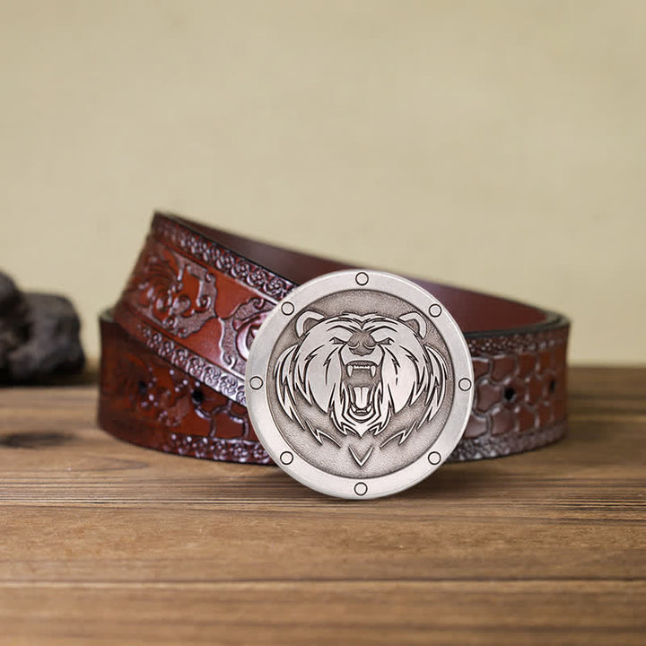 Men's DIY Round Punk Tiger Head Buckle Leather Belt