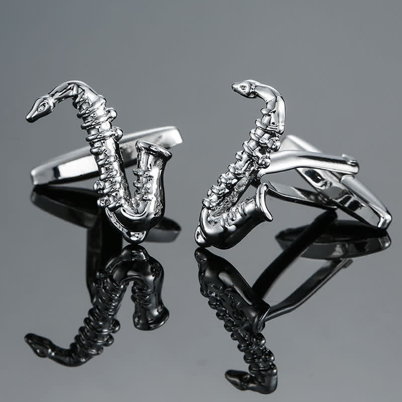 Men's Stylish Music Instrument Note Cufflinks - Silver Saxophone - image 6