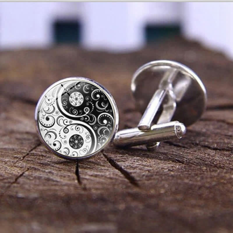 Men's Black & White Yin Yang Glass Dome Cufflinks - Silver - image 1