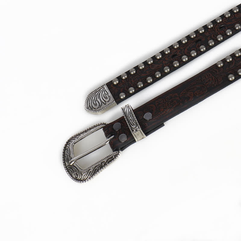 Women's Punk Engraved Floral Studded Leather Belt