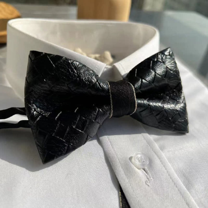 Men's Weave Pattern Design Black Leather Bow Tie