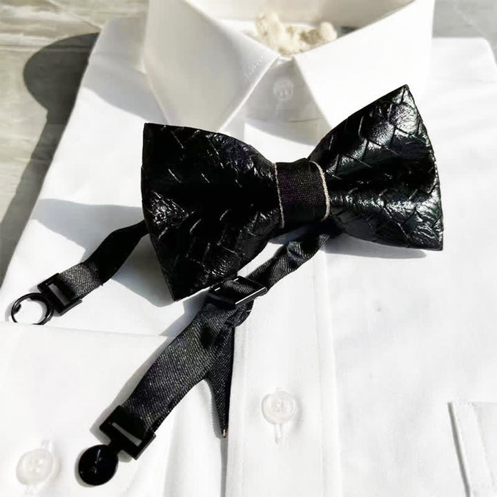 Men's Weave Pattern Design Black Leather Bow Tie