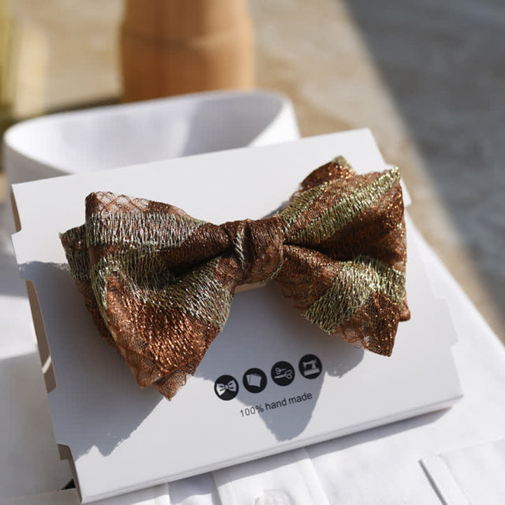 Men's Vintage Brown & Gold Linen Striped Bow Tie